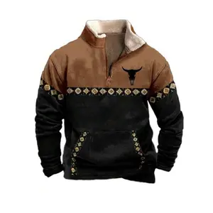 Men’s vintage quarter-zip casual long-sleeve stand-collar sweatshirt with ox head graphic, oversized pullover western hoodie