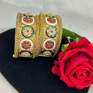 Gorgeous Set of 2 Rajwadi Bangles with Elegant Red Floral Design and Gold-Tone Finish