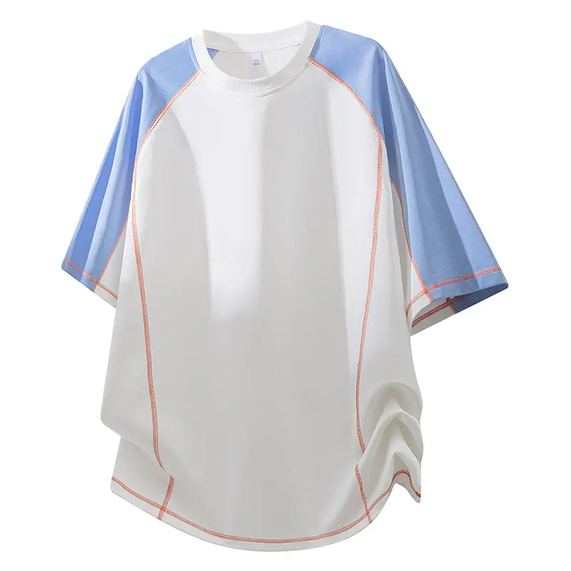 Unisex Colorblock T-Shirt, Plain Raglan Sleeve Crewneck Tee with Contrast Stitching and Curved Hem for Casual Streetwear, Loose, Menswear, Tops, Outfits, Chinese New Year, Basic Style, Curved Hem Men's Short-Sleeve T-Shirts
