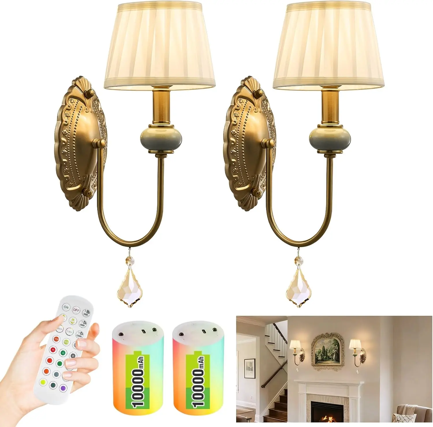 Antique Brass Wireless Wall Sconces Set of 2 with Remote, Dimmable RGB Lights