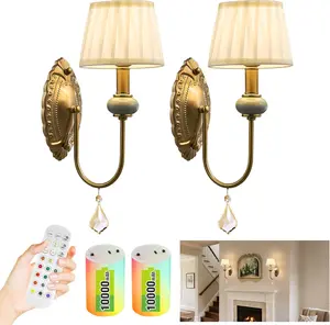 Antique Brass Wireless Wall Sconces Set of 2 with Remote, Dimmable RGB Lights