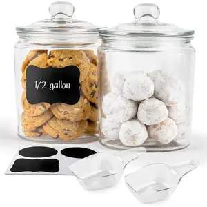 Glass Storage Containers with Lids, Half Gallon, Set of 2, Glass Kitchen Jars, Food and Cookie Storage Containers, for Pantry, Bathroom Medicine Jars, Dishwasher Safe, Chalk, Labels, Spoons