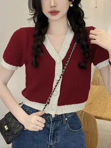 Summer Fashionable Minimalist Chanel-Style Contrast-Color V-Neck Cardigan - Slim-Fit, Slimming and Versatile Ice Silk Top