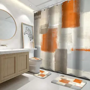4Pcs Orange Modern Painting Art Bathroom Shower Curtain Sets with Rugs Including Shower Curtain, Bath Rugs and Bathroom Accessories