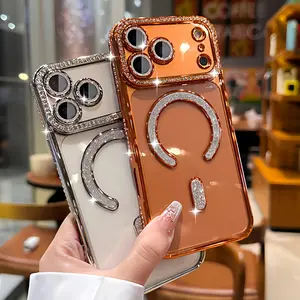 Shiny High-End Fashionable New Side Diamond Magnetic Phone Case Suitable for iPhone 17 16 15 14 13 Pro Max Plus Air 16e, Supports Wireless Charging
