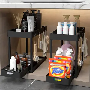 2PC Under Sink Organizer Rack 2 Tier Grey Sliding Cabinet Basket with 4 Hooks Multi-purpose Storage for Bathroom Kitchen Desktop
