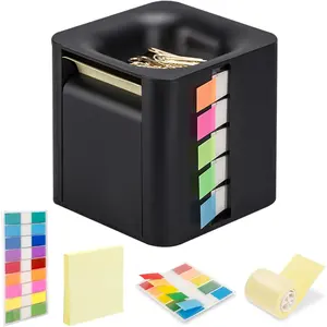 5-in-1 Multifunctional Cube Sticky Note Dispenser Holder with Pop Up Notes, Transparent Tabs, Magnetic Paper Clip Holder, Roll Sticky Notes - Desk Organizer for Office School & Home (Black)