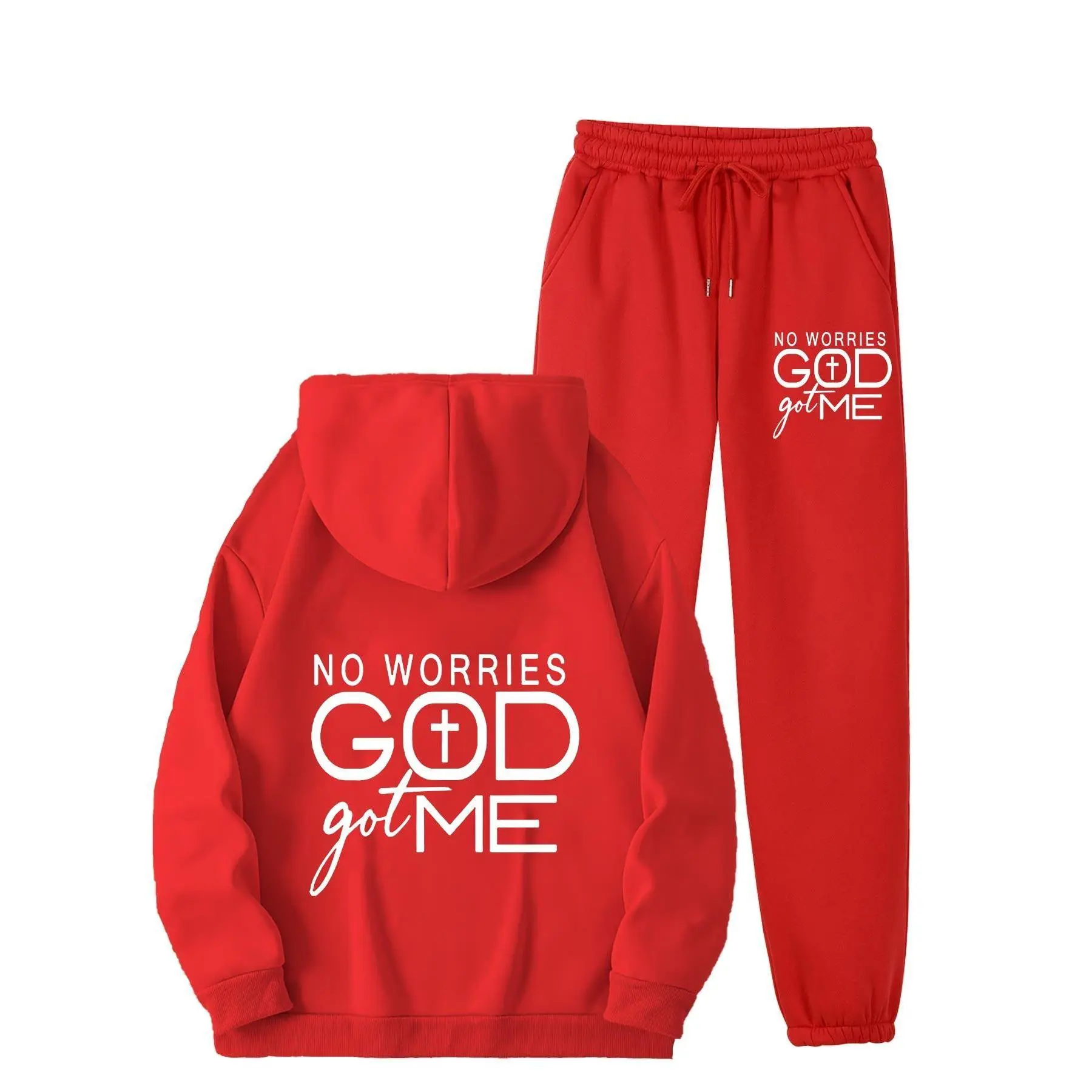 no worries GOD got me Printed Women's Casual Sports Set, Sports Kangaroo Pocket Hooded Sweatshirt Set, Women's 2-Piece Warm Set
