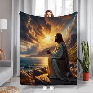 Jesus Prayer Seascape Blanket-Soft Flannel Religious Blanket, 280gsm Heavy Four Seasons Universal Sofa Bed Travel Chapel Decoration, Spiritual Christian Home Gift in Golden Sunset Tone, Modern Seascape Art, Tranquil Design, High Quality Fabric