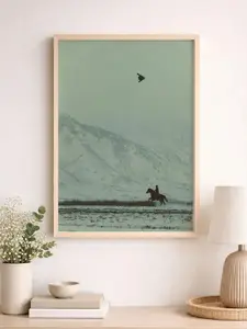 B-2 Bomber Minimalist Landscape Poster, Military Aircraft Wall Art with Cowboy Horse Scene, Modern Aviation Decor Print