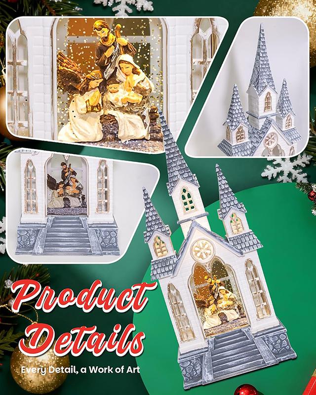 Large Christmas Church Nativity Snow Globe Light up Snowglobe with Music 9.84" White Christmas Snow Globes for Kids Adults 6H Timer Dual Power Angle Snowglobes Christmas Decorations Indoor