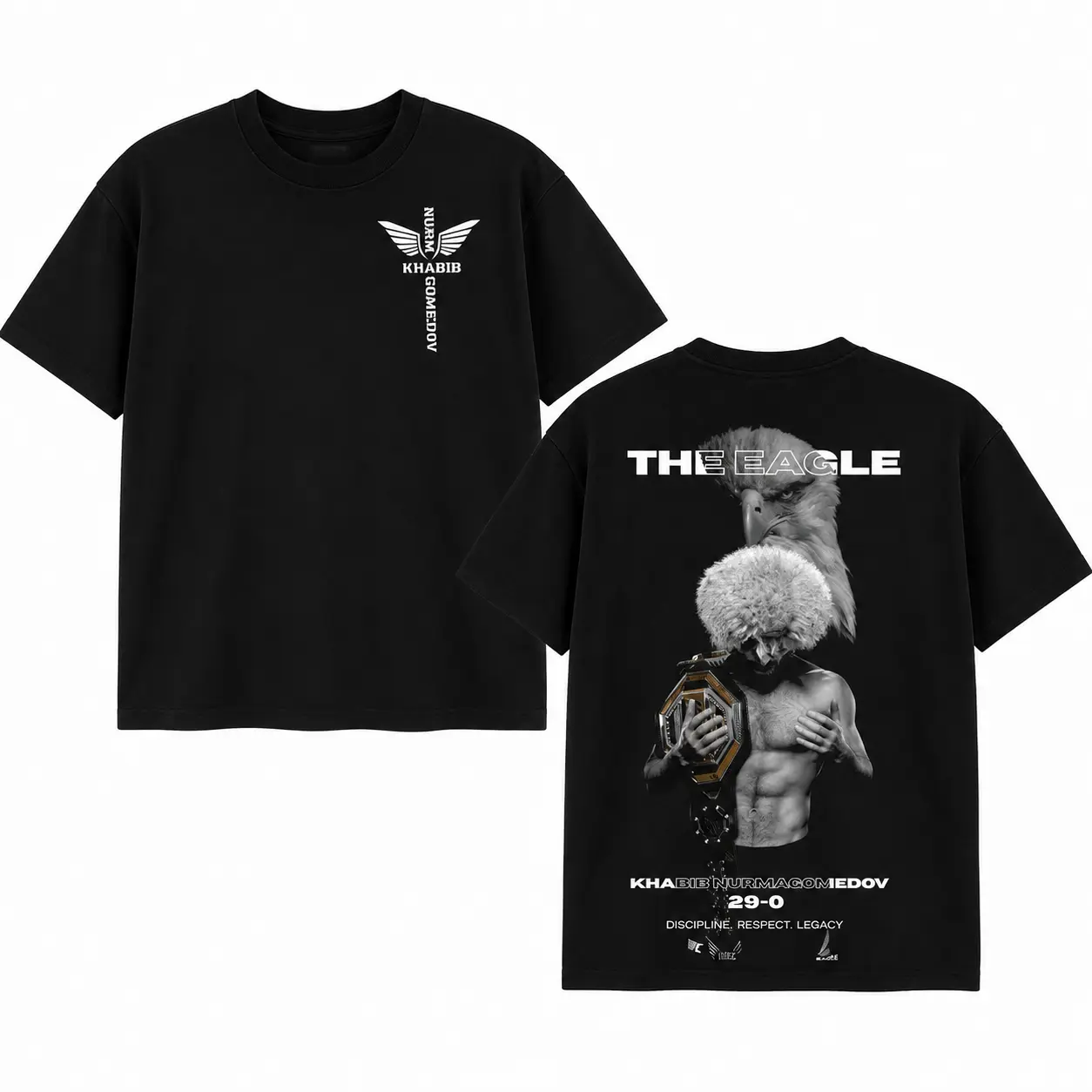 Khabib Nurmagomedov The Eagle Graphic Tee, UFC Undefeated 29-0 Champion T-Shirt, MMA Mixed Martial Arts Fighter Apparel, Discipline Respect Legacy Top, Unisex Casual Black Short Sleeve Shirt, Combat Sports Fan Gear