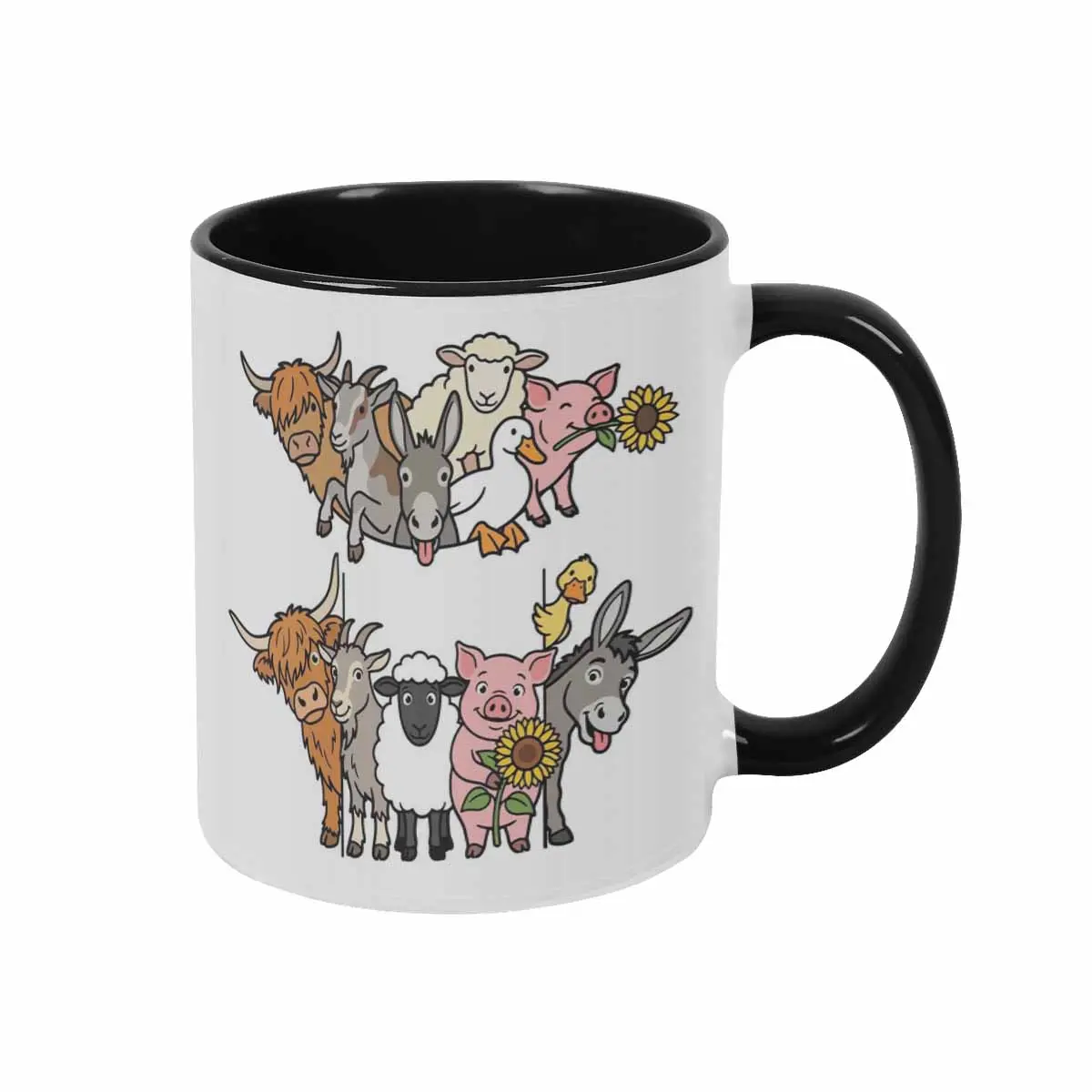 Farm Animal Mug 11oz 15oz Cute Highland Cow Donkey Pig Sheep Duck Sunflower Cartoon Print Durable Ceramic Gift for Farmhouse Kitchen Office Barn Party