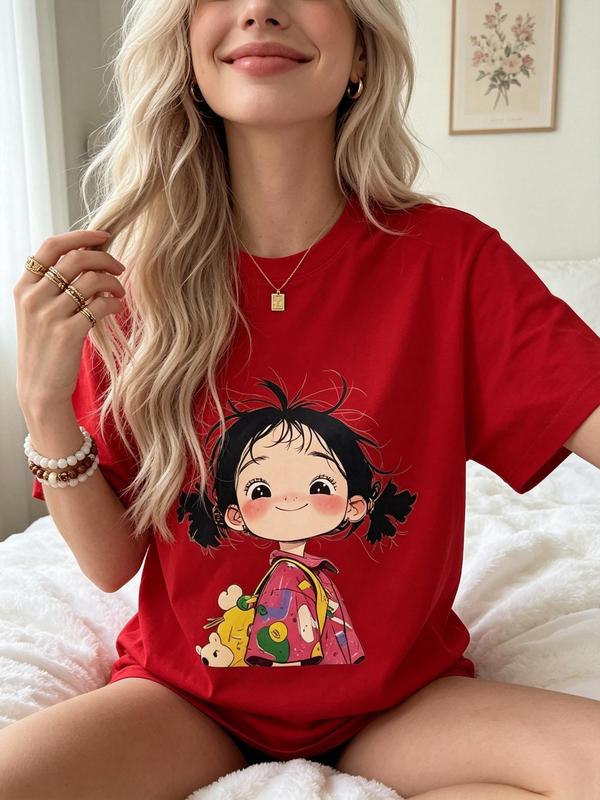 Women's Soft Cotton Cropped Oversized Short-Sleeve T-Shirt - Casual H-Type Round Neck Streetwear Top with Twin Braid Skating Heat Transfer Print, S-5XL Baggy Fabric Top for Easter, Valentines Day, All Seasons, Color-Sorted Wash