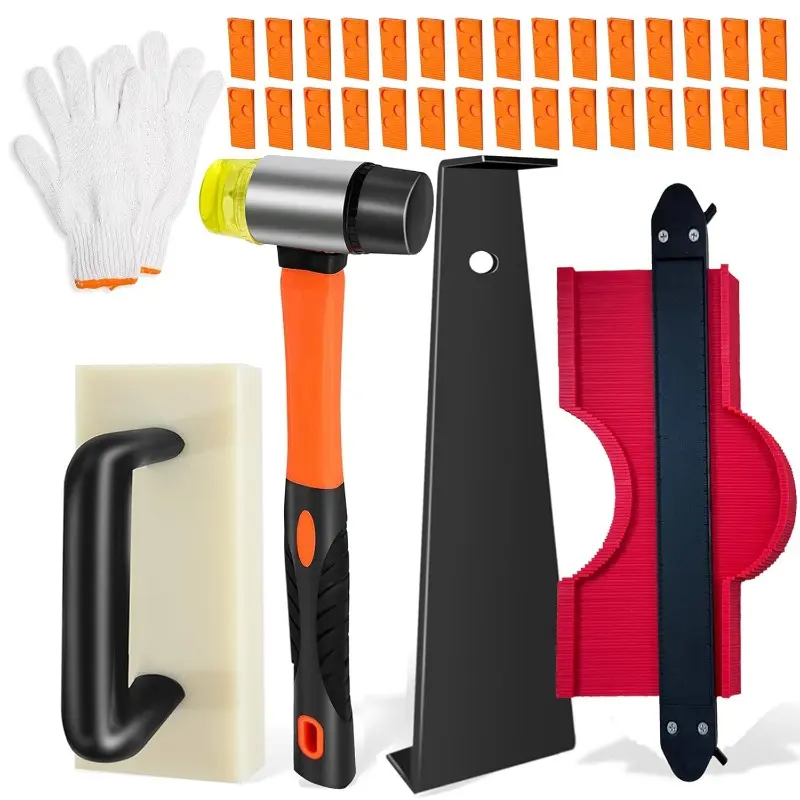 Laminate Flooring Tools, Vinyl Flooring Tools, 6 in 1 Flooring Installation Kit, Heavy Tapping Block, Heavy Pull Bar, 10” Contour Gauge, 30pc Flooring Spacers, Rubber Mallet
