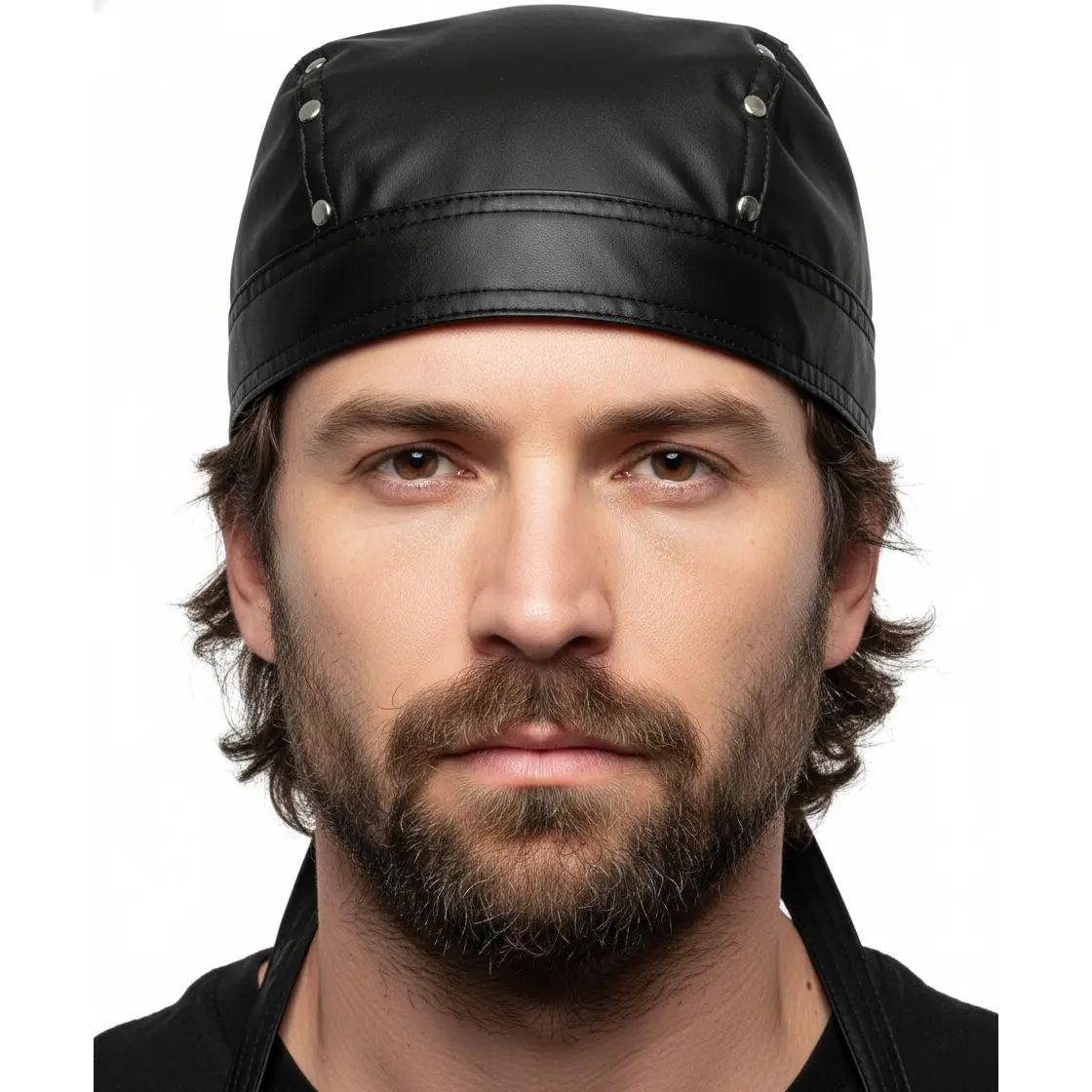 Adjustable Punk Leather Head Wrap | Women’s Men’s Black Studded Bandana Cap with Stitching | Motorcycle Biker Club Style Adjustable Tie Back Bandana