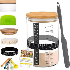 Premium Sourdough Starter Kit,34 oz with Bamboo Lid,Cloth Cover,Date Tracker,Thermometer and Scraper,measuring spoon,Wide Mouth Jar Cover,Sourdough Jar for Baker,Bread Baking Supplies Containers Kitchen