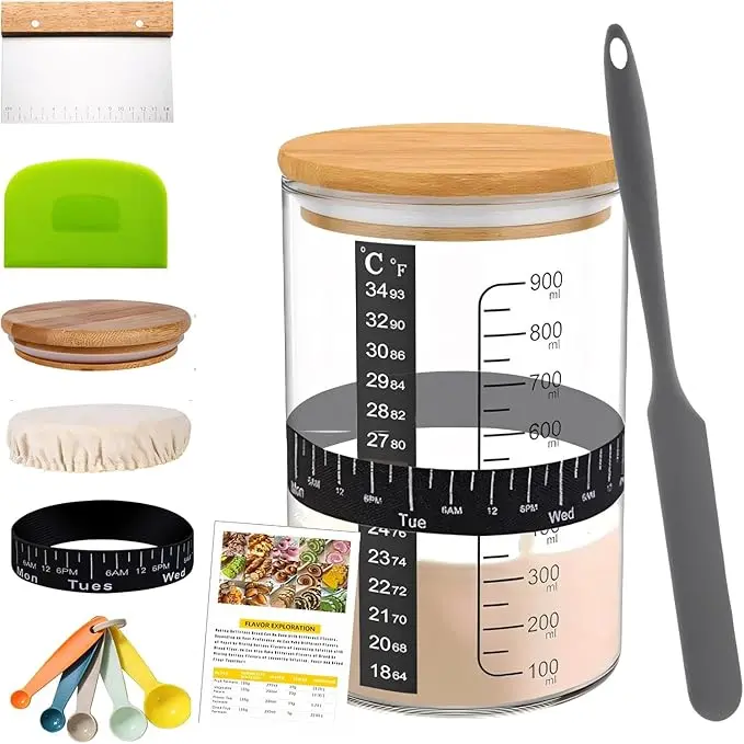 Premium Sourdough Starter Kit,34 oz with Bamboo Lid,Cloth Cover,Date Tracker,Thermometer and Scraper,measuring spoon,Wide Mouth Jar Cover,Sourdough Jar for Baker,Bread Baking Supplies Containers Kitchen