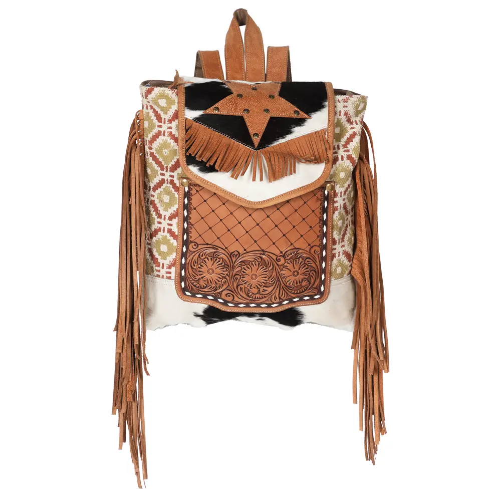 OHLAY Backpack Hand Tooled Upcycled Canvas Hair-On Genuine Leather Women Bag Western Handbag Purse Womens Handbags