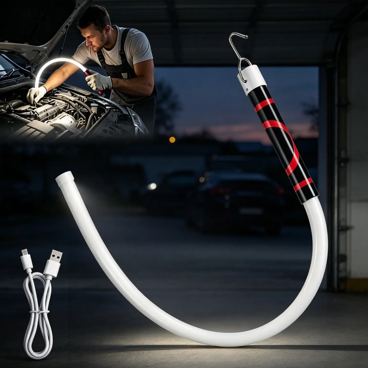 Hands-Free LED Work Light with Hook, 29" Bendable Rechargeable Flashlight Stick, High Lumen 3 Modes, 7-Hour Long Battery Life, Water Resistant Flexible Design for Underhood Engine, Automotive Repair, Tight Spaces & Workshop,sentimental boyfriend gifts