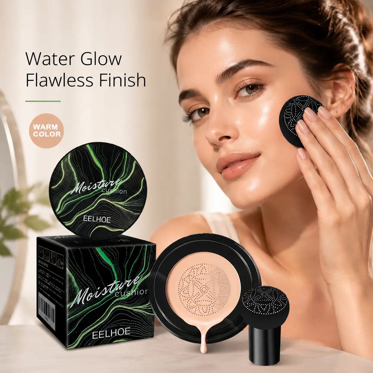 Warm Color Air Cushion Foundation & Concealer, Cosmetic with Hydrate-Moisturizing, Full Coverage, Lightweight, Long-Lasting, Smooth, Radiant Dewy Glass Skin Flawless Non-Cakey Makeup, Dewy Makeup, All Skin Types, Hydrating, Moisturize, Smoothing