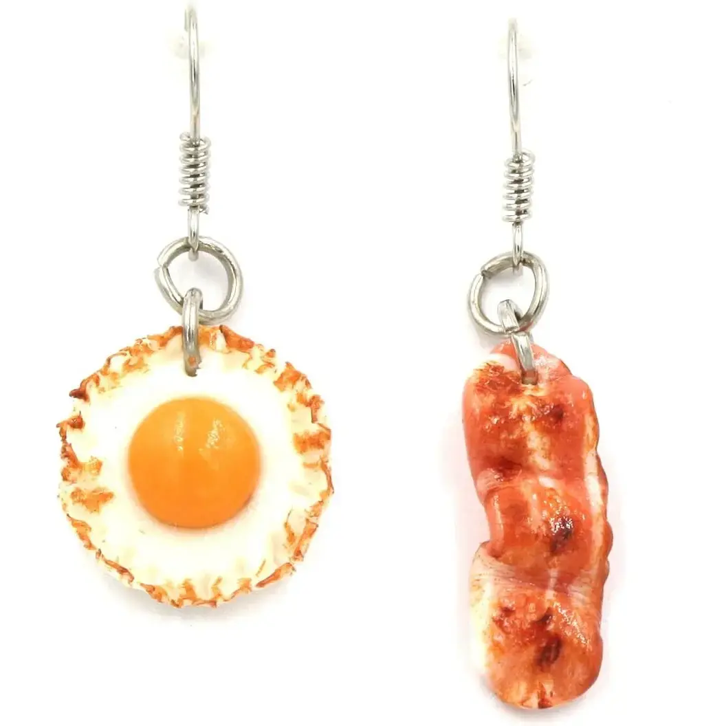 Polymer Clay Handmade Fried Bacon with Sunny Side up Egg Earrings