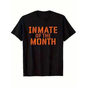 Funny Inmate of the Month Prison Theme T-Shirt - 100% Cotton Black with Orange Print Inmate ID Number Design (S-XXL) - Unisex Casual & Costume Party Outfit for Men & Women - All-Season Comfortable Jail Role Play Gift