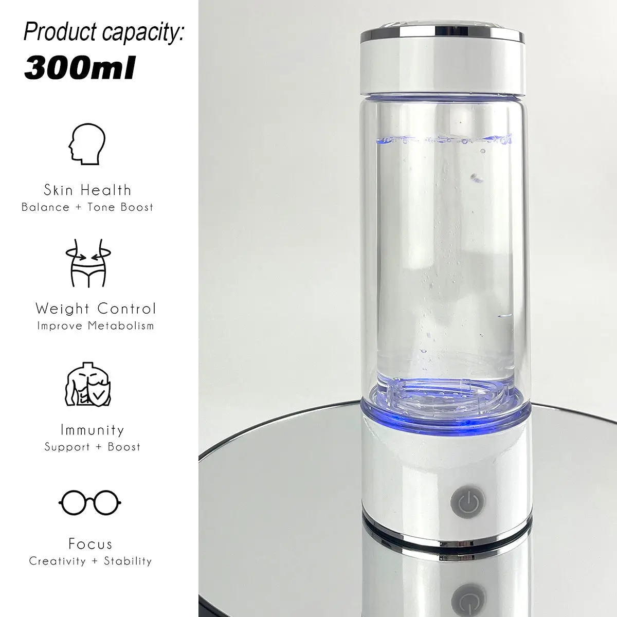 Neursery 300ml H2 Hydrogen Ionizer Water Bottle - Double-Walled Glass, Portable Drinkware, Skin Health & Immunity Support, 300ml Capacity, 5V Battery