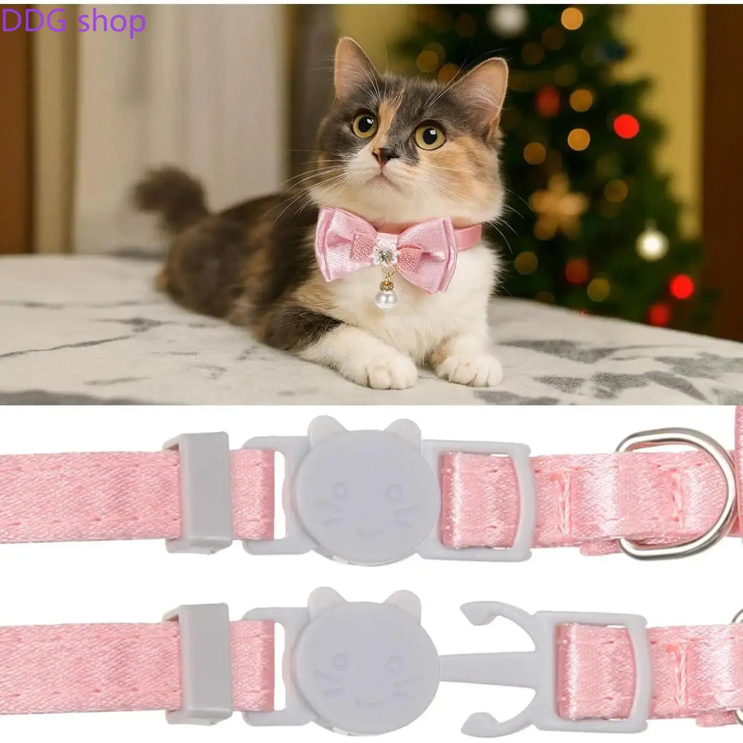 2Pack Adorable Cat Collar with Bow & Pearl Charm, Cute Pink Breakaway Safety Kitten Collars for Girl Cats, Soft Satin Cat Bowtie Collar for Daily Wear & Photoshoot, Adjustable Pet Accessories
