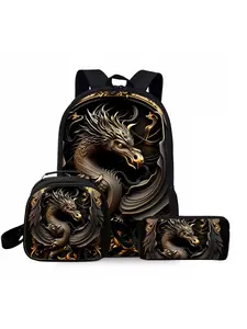 Three-piece set of black and gold dragon printed backpacks, including a lunch bag, pencil case, and backpack, Backpack For School
