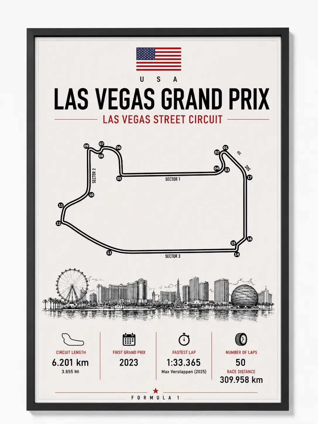Las Vegas Grand Prix Track | Poster Decor Luxury Print Wall Art Decor For Home Bedroom With Black Frame