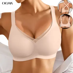 OEAK Women V Neck Crossover Mesh Wide-strap Seamless Jelly Bras Comfortable Bralette Soft Tshirt Bra No Underwire Push Up Everyday Bras