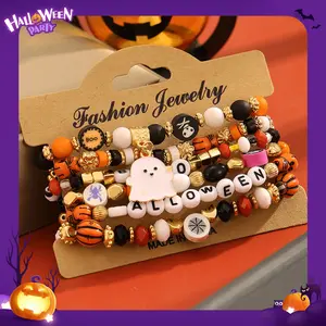 Halloween-Themed Jewelry Set, 6-Piece Polymer Clay Bead Bracelets, Spooky Retro Pumpkin Design, Perfect for Party Favors & Gifts
