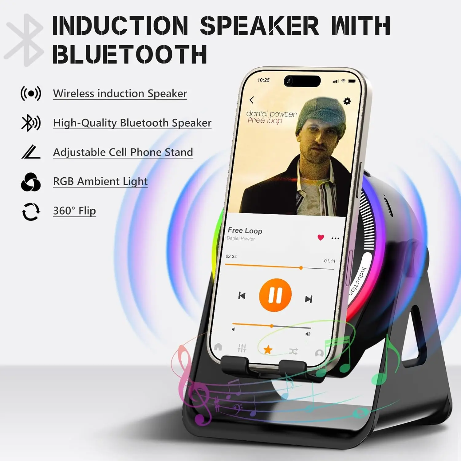 Bluetooth Portable Speaker with LED Nightlight, High-Quality Audio, RGB Ambient Light, 360° Flip Adjustable Smartphone Stand, Device Charging Function