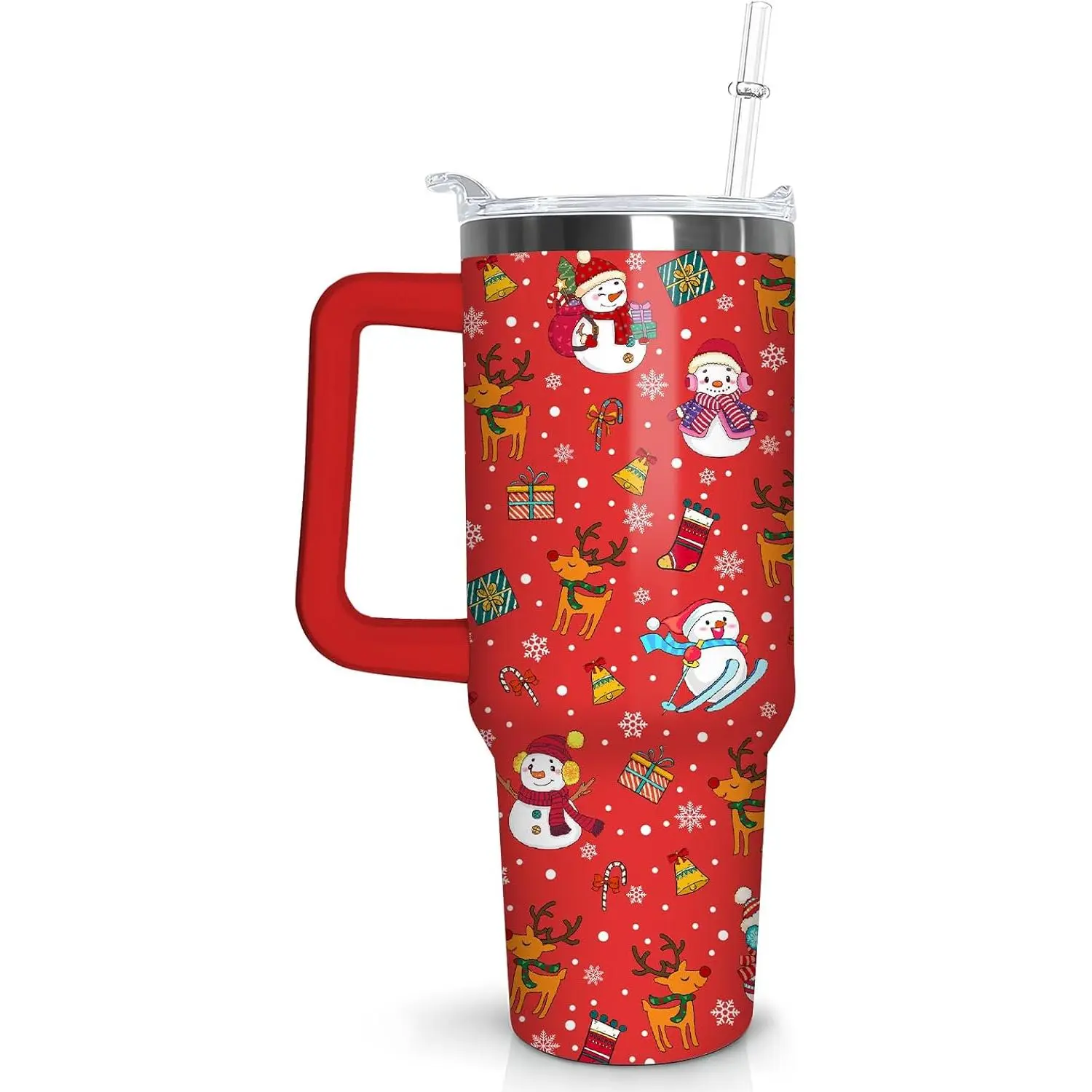 Women's 40 oz Red Snowman Stainless Steel Insulated Tumbler - Vacuum Insulation Flask, Leakproof Lid, Handle, Straw, Reusable Portable Coffee Mug, Christmas Kitchenware Gift