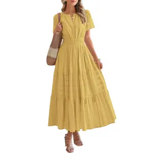 2026 Summer New Women's Bohemian Style V-neck Short Sleeve Dress, Lightweight and Breathable with Pockets, Summer Outfit OOTD, Itgirl Style Vintage Casual Long Dress
