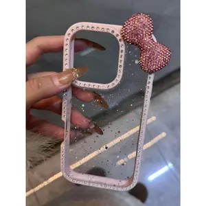 Bow-Knot Luxury Bling Rhinestone Bow Epoxy Glitter Transparent Case Compatible With Iphone 16 Pro Max 15 14 13 Shockproof Protection Bumper Hard Acrylic Cover