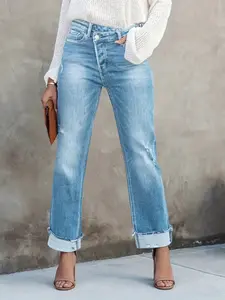 Women's Blue Straight Leg Denim Jeans, Slim Fit Elastic Ripped Casual Long Trousers Pants, All Seasons Loose-Fitting Natural Waist