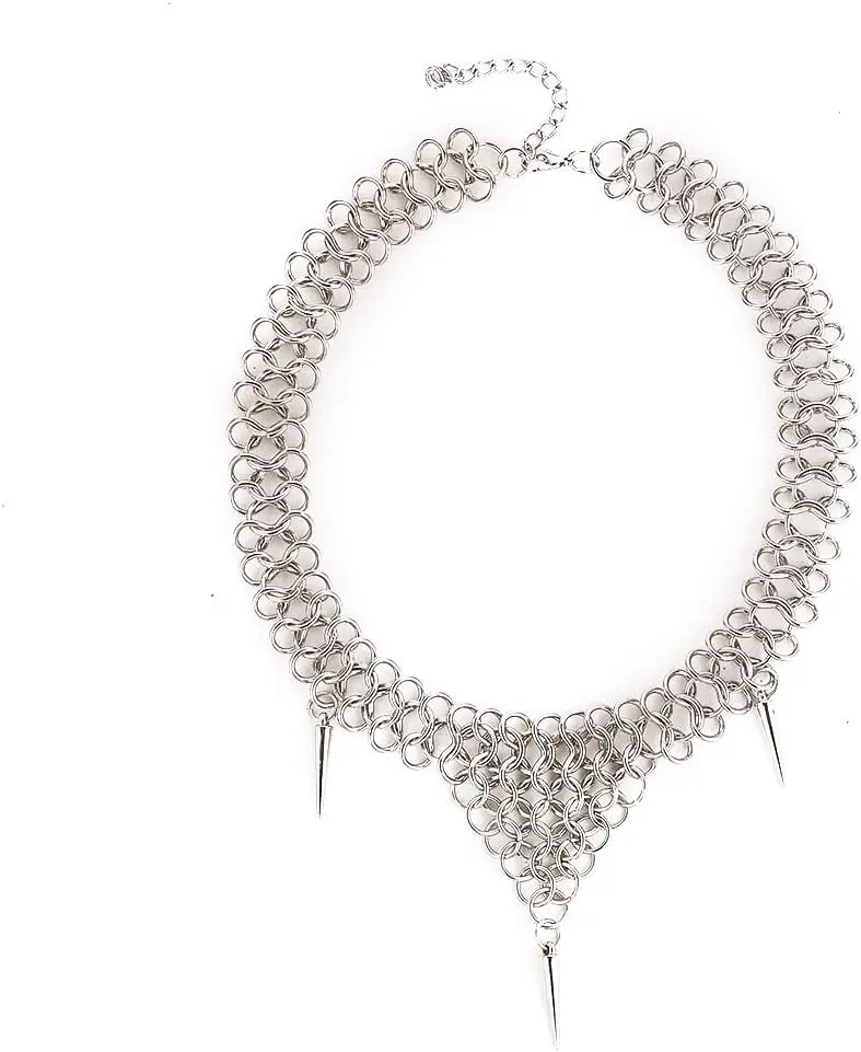 Punk Style Silver Riveted Chainmail Choker Necklace, Adjustable Spiked Statement Jewelry