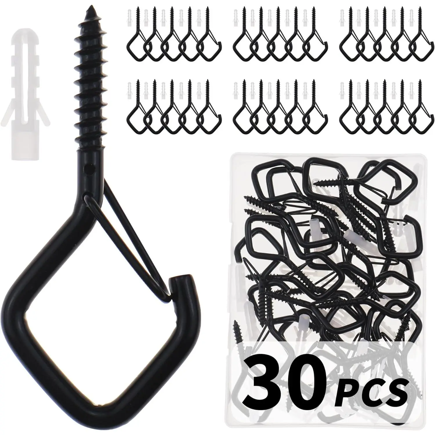 30 count Cup Screw-in Hanger Hooks with Safety Buckle, Windproof Screw Hooks  for Hanging Outdoor String Lights, , and Patio Lights,for Ceiling and Wall Mount, 2.2 Inches in Black