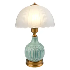 Table Lamps Ceramic Retro Lamp for Living Room,15.7" Modern Bedside Nightstand Traditional Lamps, Classic Chinoiserie Green Glass Lamp for Home (Retro)