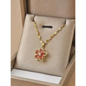 1 pc rotating stainless steel five-petal flower pendant necklace for women, Valentine’s Day gift