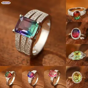 Gradient Purple Green CZ Ring Wide Band Statement Ring for Women Sparkly Iced Out Cubic Zirconia Ring Bold Fashion Jewelry for Party Night Out Gift