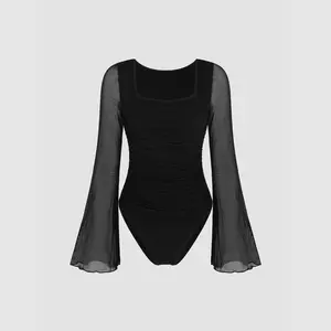 Cider [3 colors, size 2-26] Solid Mesh Bell Sleeve Ruched Bodysuit