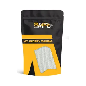 Swipe and Wipe Self Adhesive Wipes.  Provide a quick, convenient, cost effective way of wiping hands while protecting your clothes.  No Worry Wiping