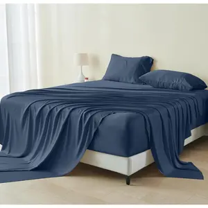 Queen Size 4, 100% Rayon Derived from Bamboo, Cooling for Hot Sleepers-, Deep Pocket 16" Sheet with Elastic Corner Straps, Navy Blue