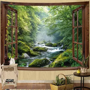Lunerfex Forest River Window View Tapestry, Scenic Landscape Wall Tapestries for Room Decor, Realistic Home Decor Tapestry 60L x 44W