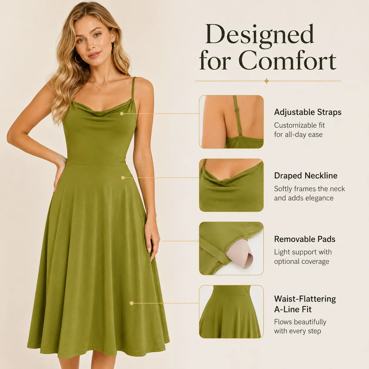 Spaghetti Strap Cowl Neck Midi Swing Dress Casual Breathable Elastic Fabric for Everyday Womenswear Feminine Adjustable Mesh Summervibe