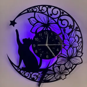 Vintage Moon & Cat Vinyl Record Wall Clock, Silent Quartz Movement, Battery Powered, Floral Starry Design, Home Decor Gift