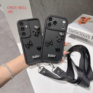 for MOTO EDGE 60Fuison/EDGE 50Fusion/G85/G55/G24Power/G20/G30/G14/G22/G34/G53/G24 Power/G04/G54/G64/G84/E30/E40/E22/E13/E32, Black three-dimensional bow tie cute little bear lanyard phone case, equipped with detachable lanyard, phone case with lanyard